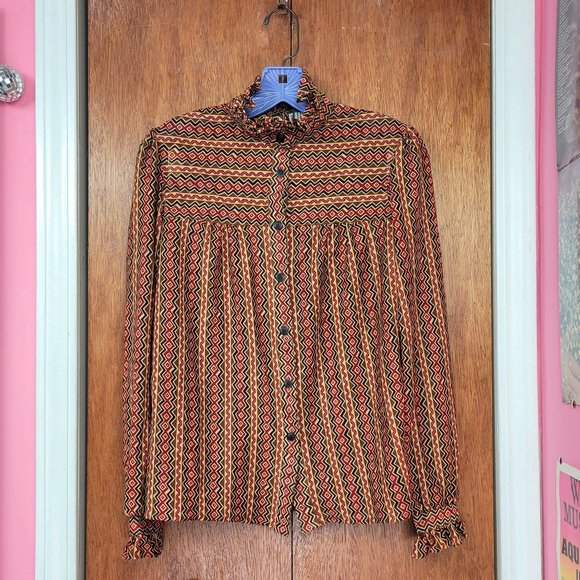 Vintage 70s Bold Zig Zag Print Ruffled High Neck Blouse - Picture 4 of 7